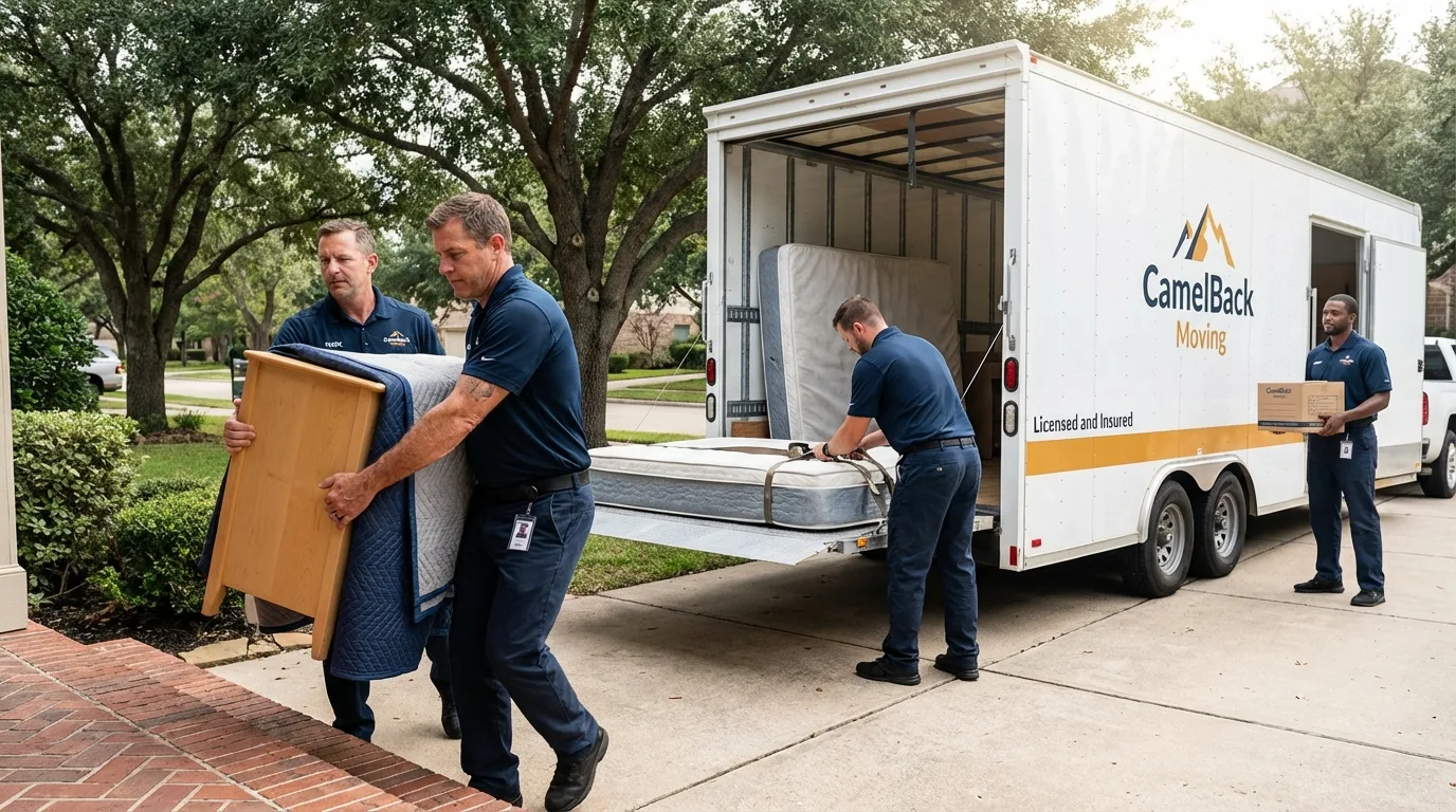 Crew loading residential truck for cross-state move from Lockhart, TX