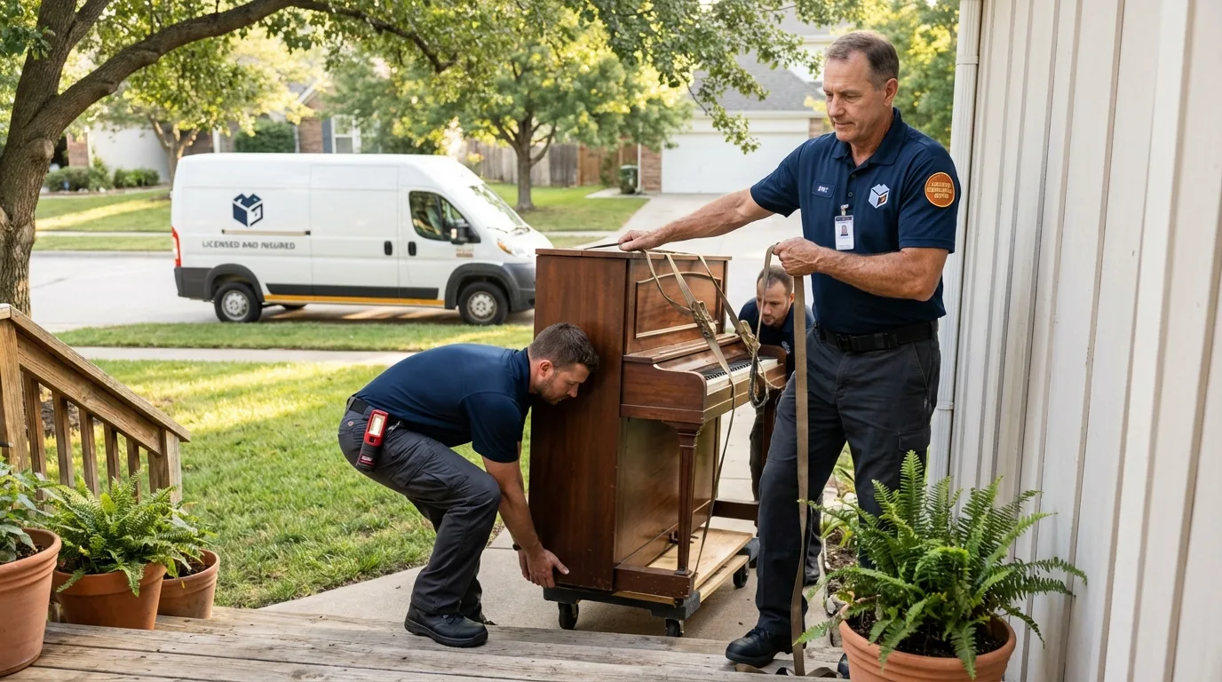 Licensed piano movers securing grand piano in Lockhart, TX