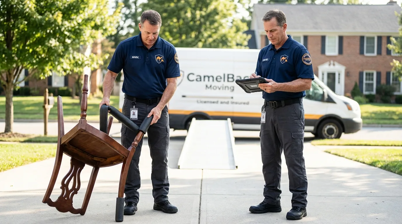 Movers inspecting furniture for damage prevention before loading in Lockhart, TX